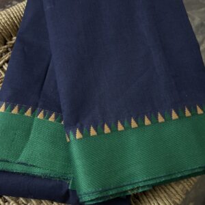 Chettinad Cotton Saree – Navy Blue with Green Border