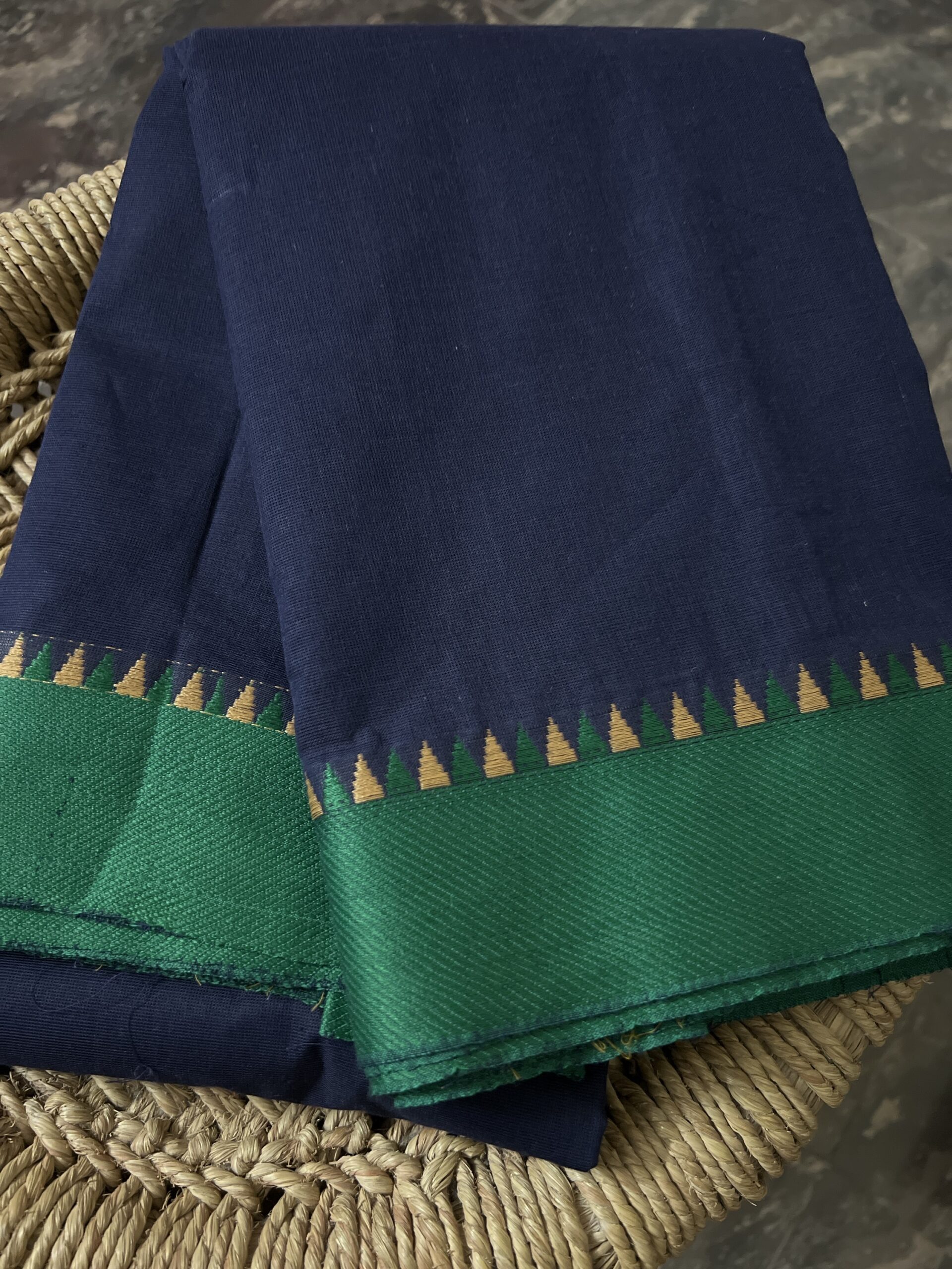 Chettinad Cotton Saree – Navy Blue with Green Border