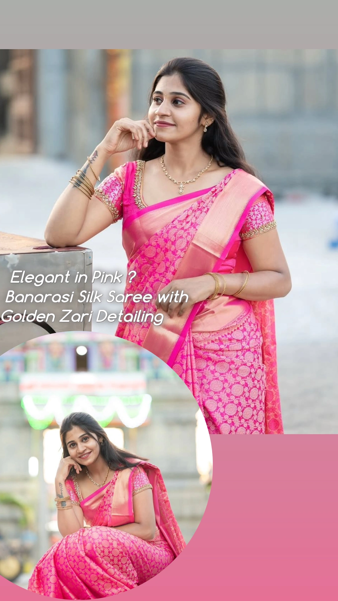Pink Banarasi silk saree with golden zari detailing