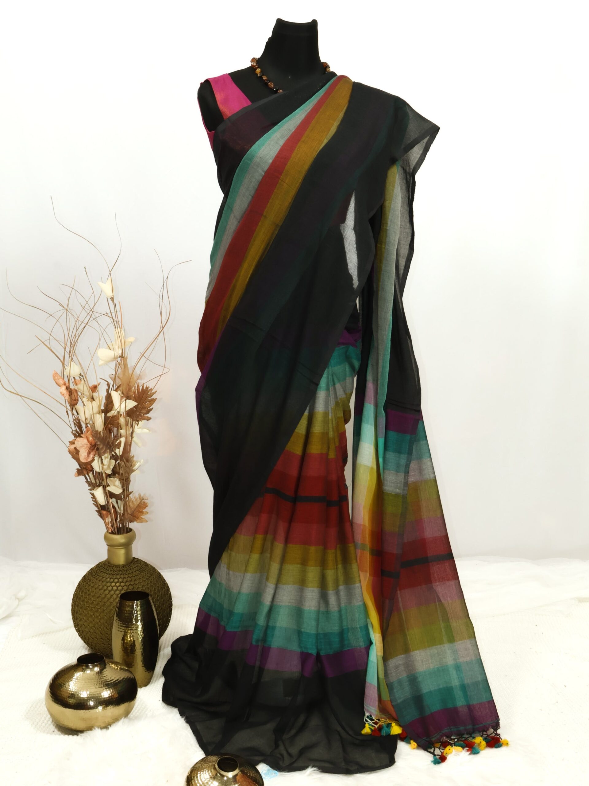 Black rainbow Mul cotton saree
