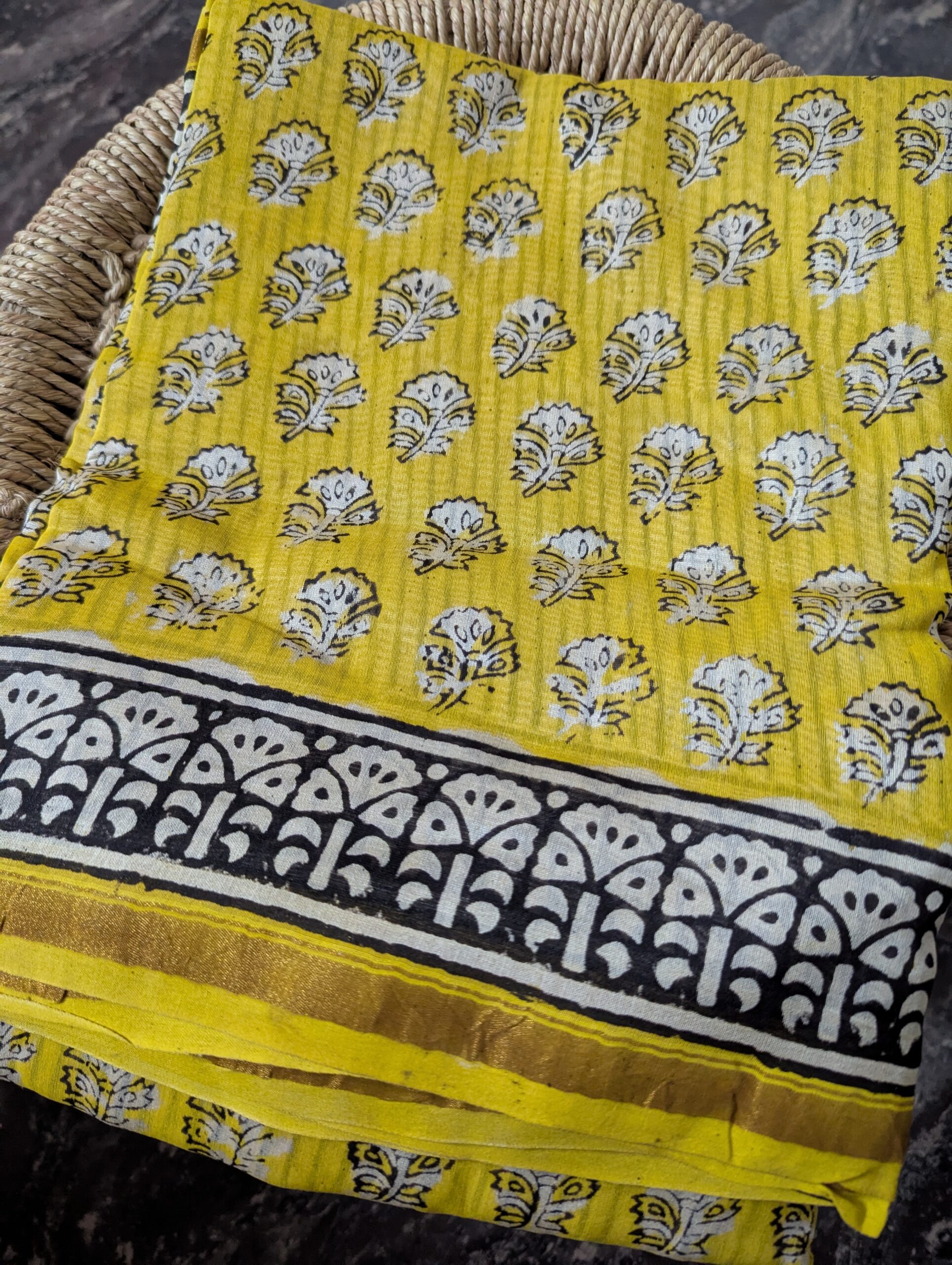 Maheshwari silk cotton - YellowBlack Ajrak print - Image 2