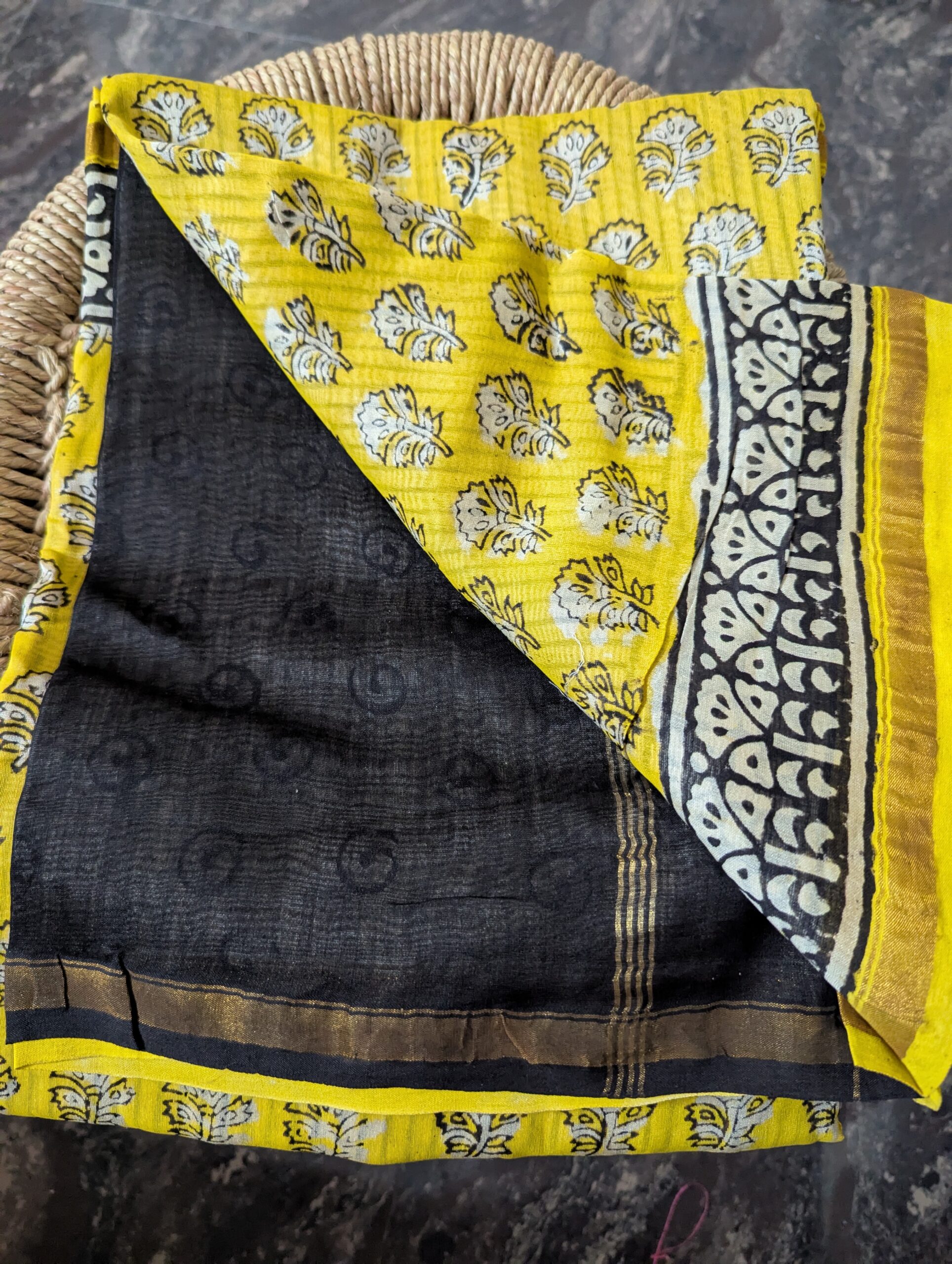 Maheshwari silk cotton - YellowBlack Ajrak print