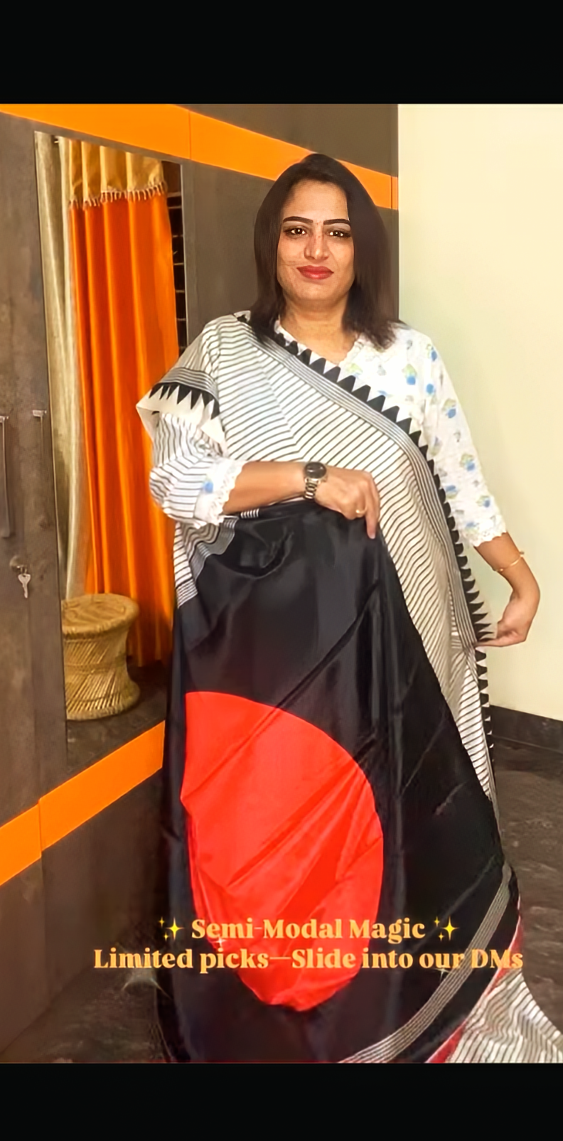 Semi modal saree - Ivory black Red - Image 2