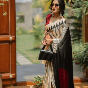Semi modal saree - Ivory black Red