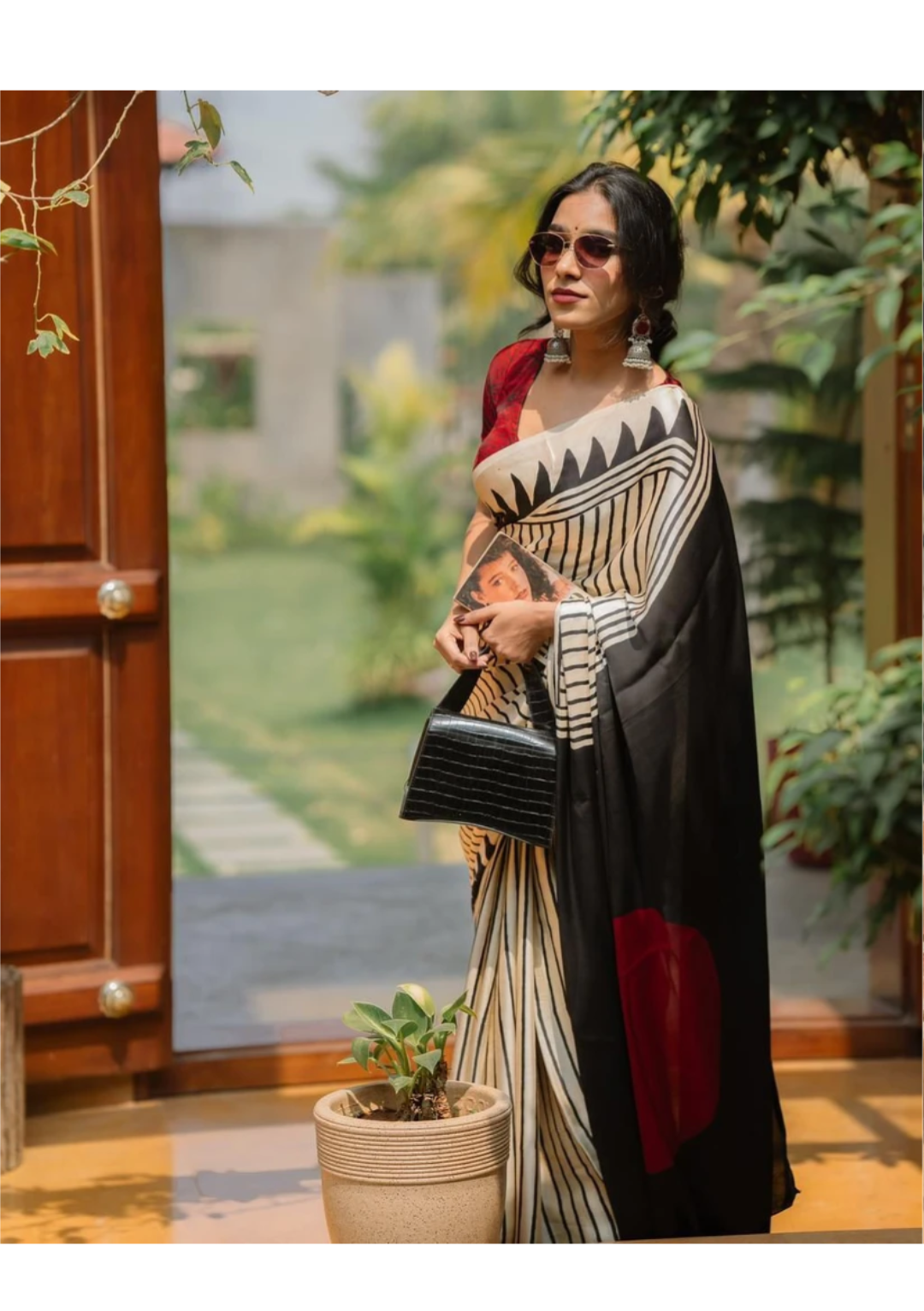 Semi modal saree - Ivory black Red