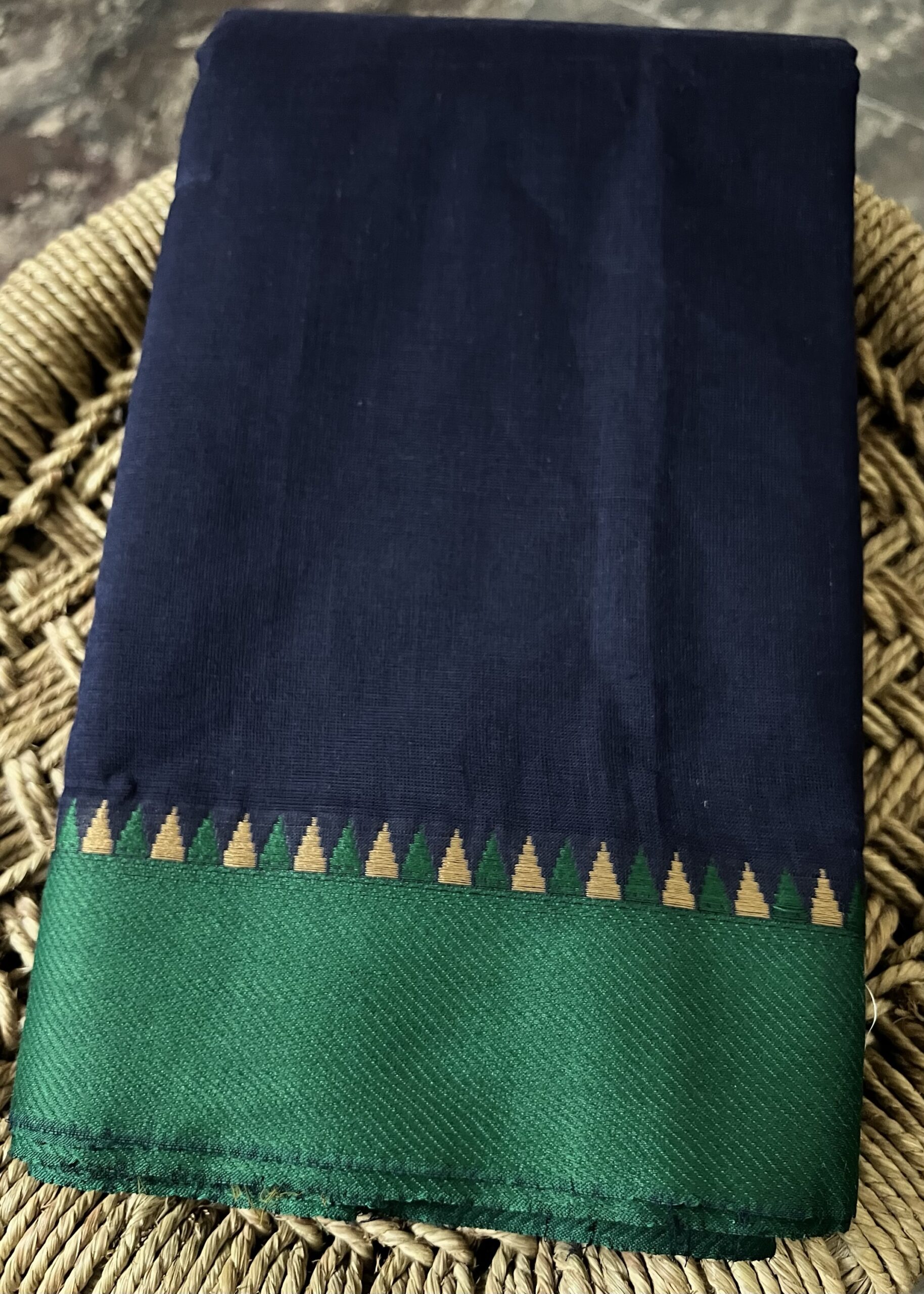 Chettinad Cotton Saree – Navy Blue with Green Border - Image 2