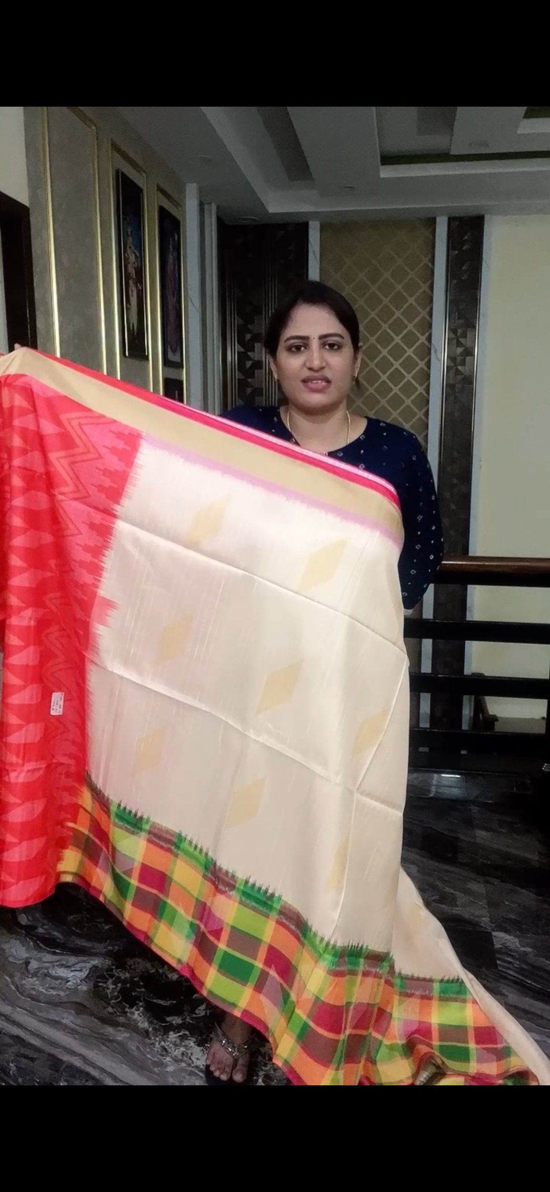 Cream & Red Ikat Border Saree with vibrant kandangi-style checks
