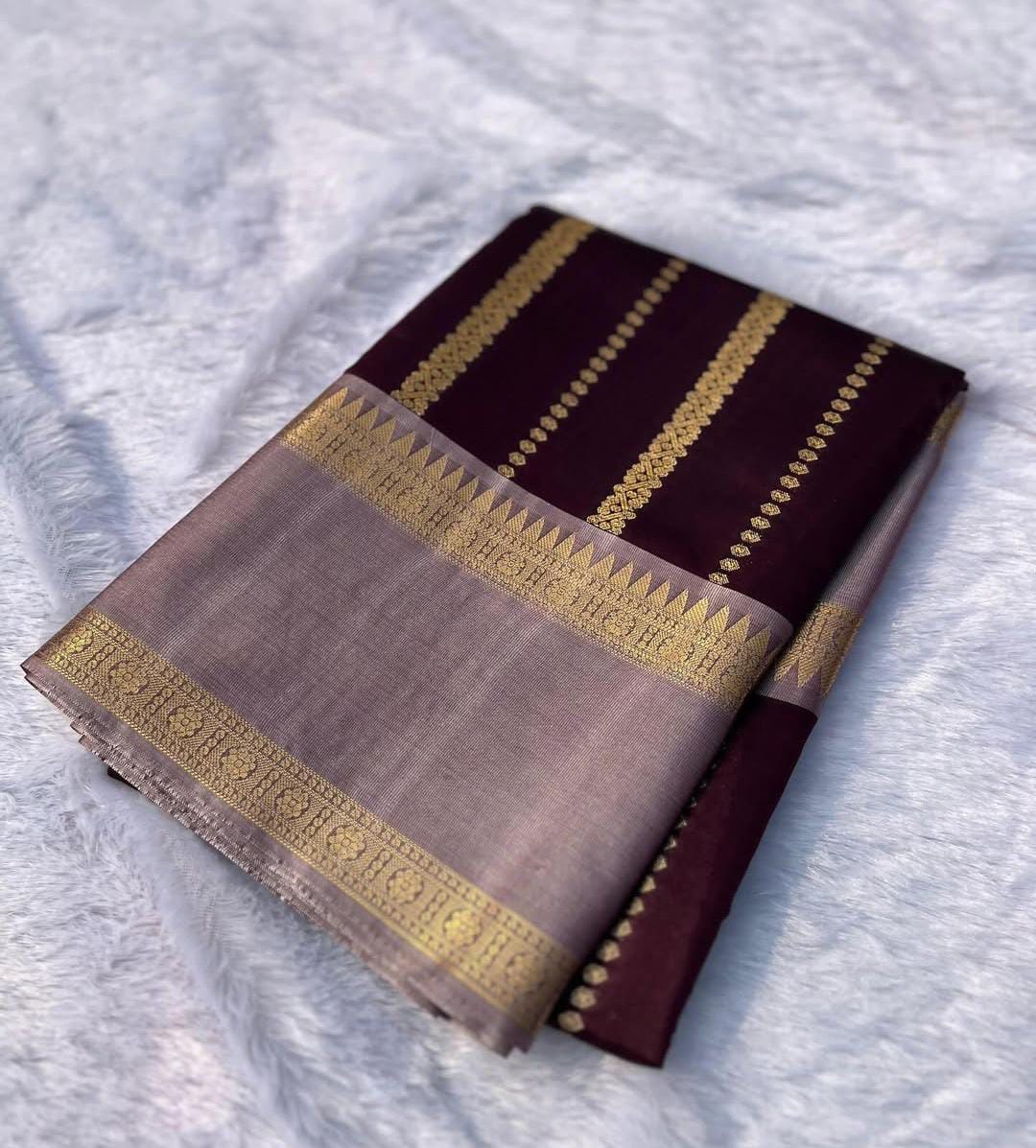 Katan Silk Saree – Maroon & Grey with Zari Work - Image 4