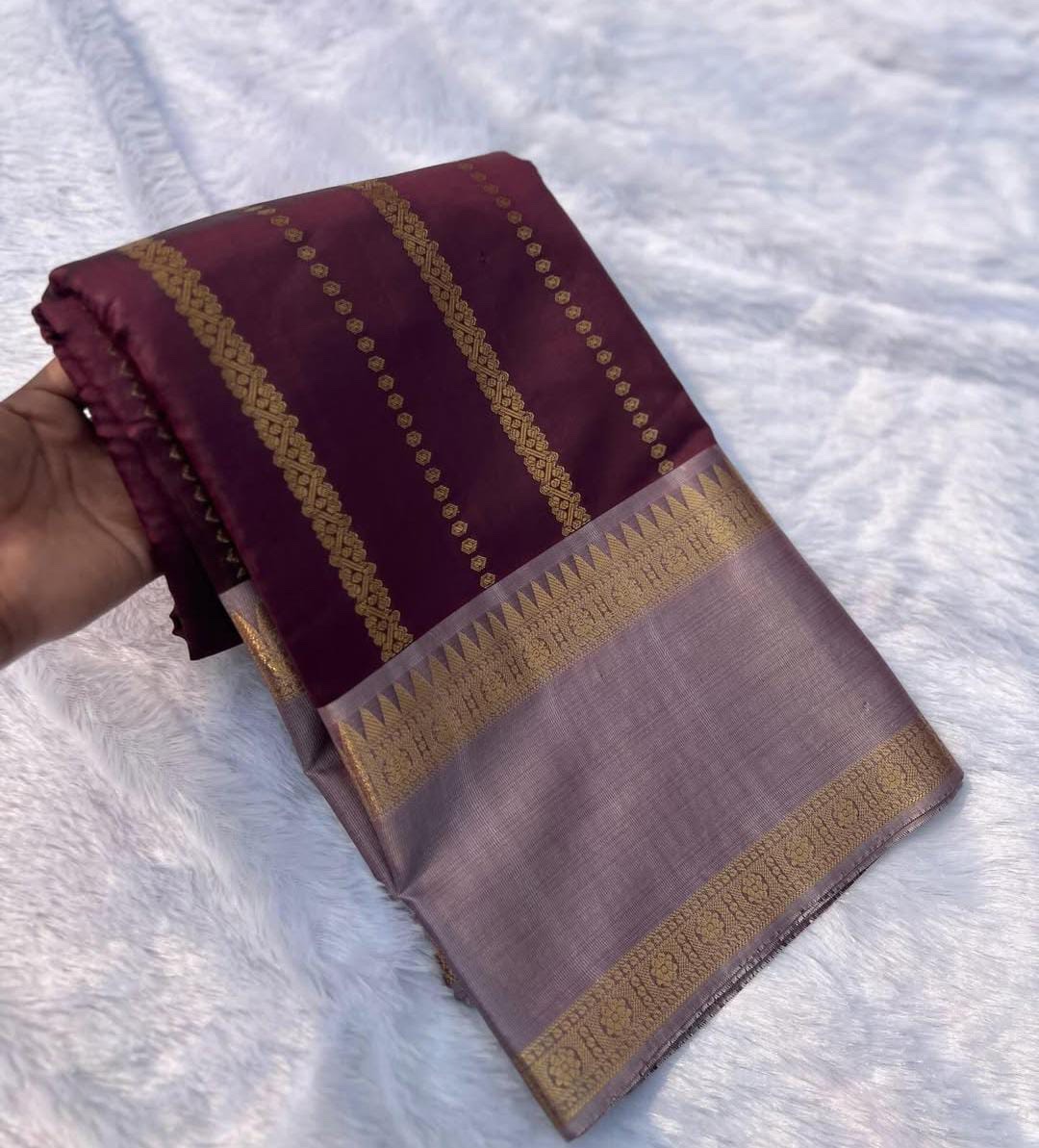 Katan Silk Saree – Maroon & Grey with Zari Work - Image 2