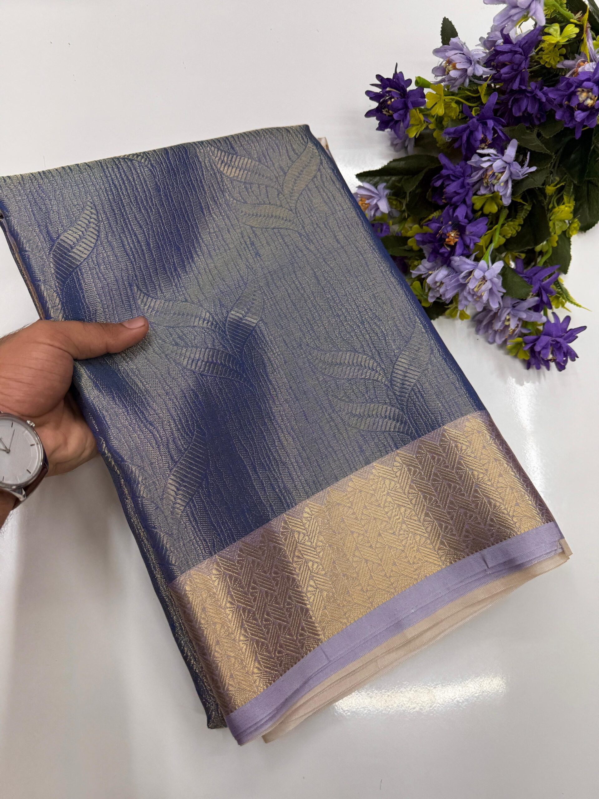 Elephant grey-golden zari border Saree