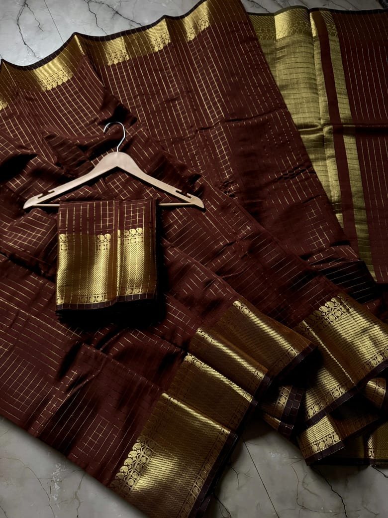 Zari Kattam Katan Silk Saree - Dark brown - Image 2