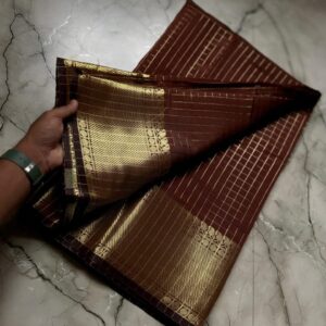 Zari Kattam Katan Silk Saree - Dark brown