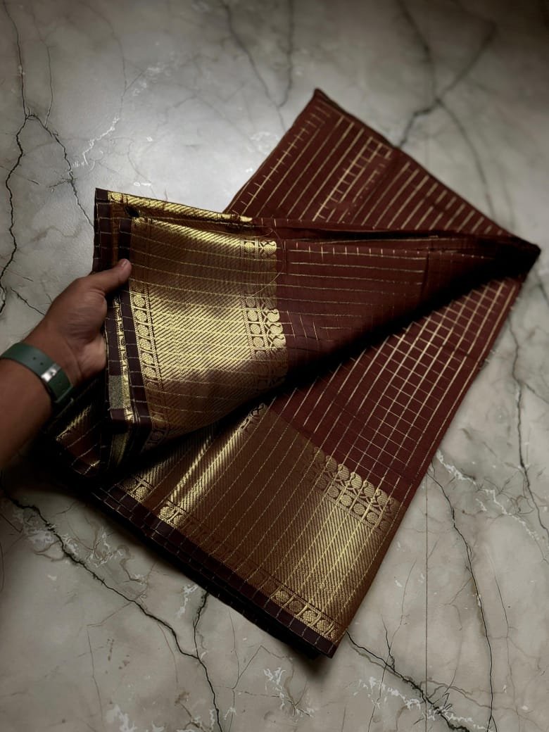 Zari Kattam Katan Silk Saree - Dark brown