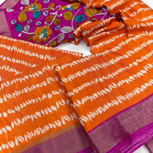 Orange bandhini print with kalamkari pallu