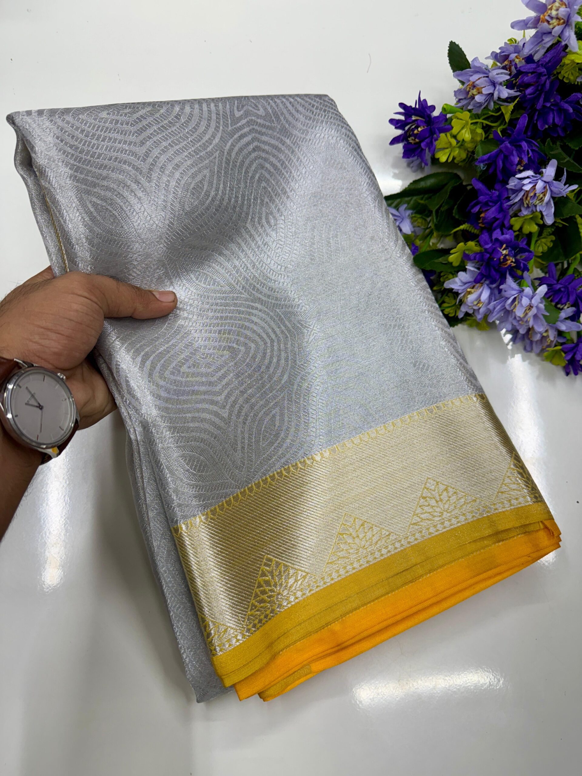 Silver-yellow zari banarasi Saree