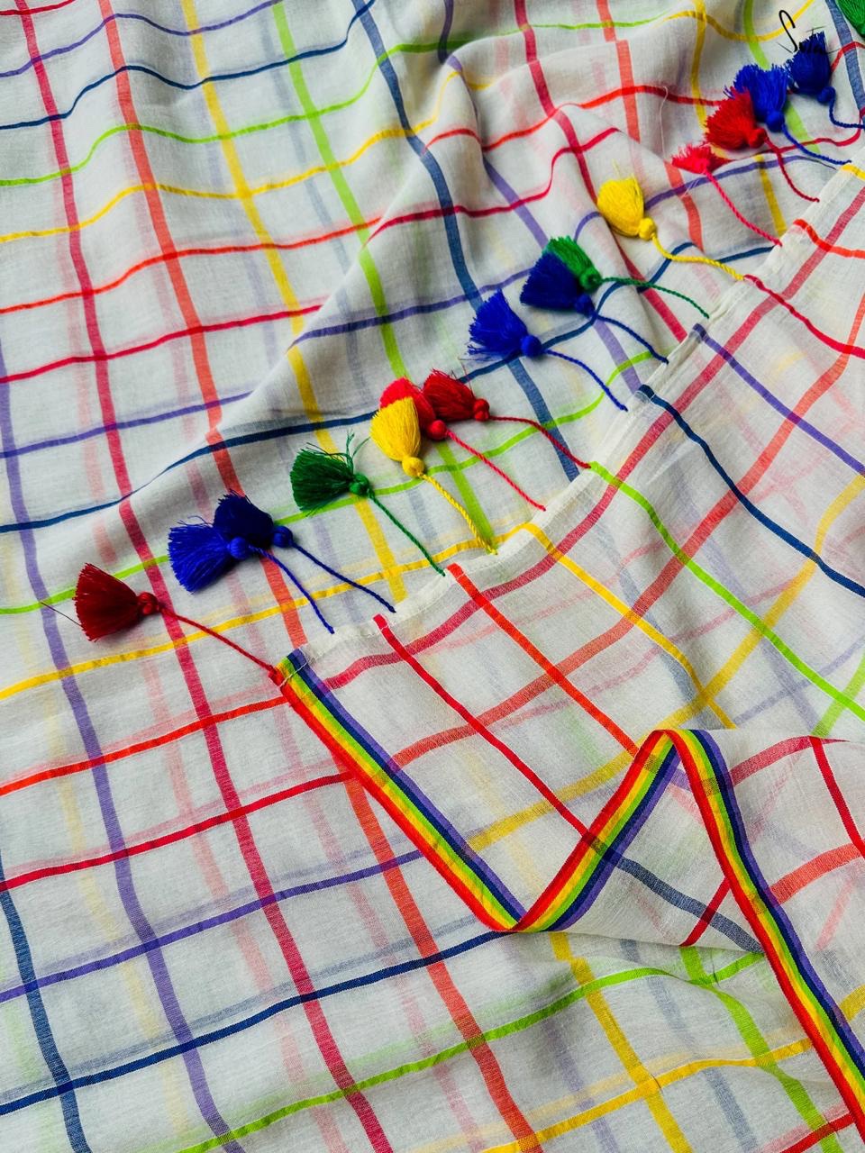 Rainbow Checks Mul Cotton Saree - Image 3