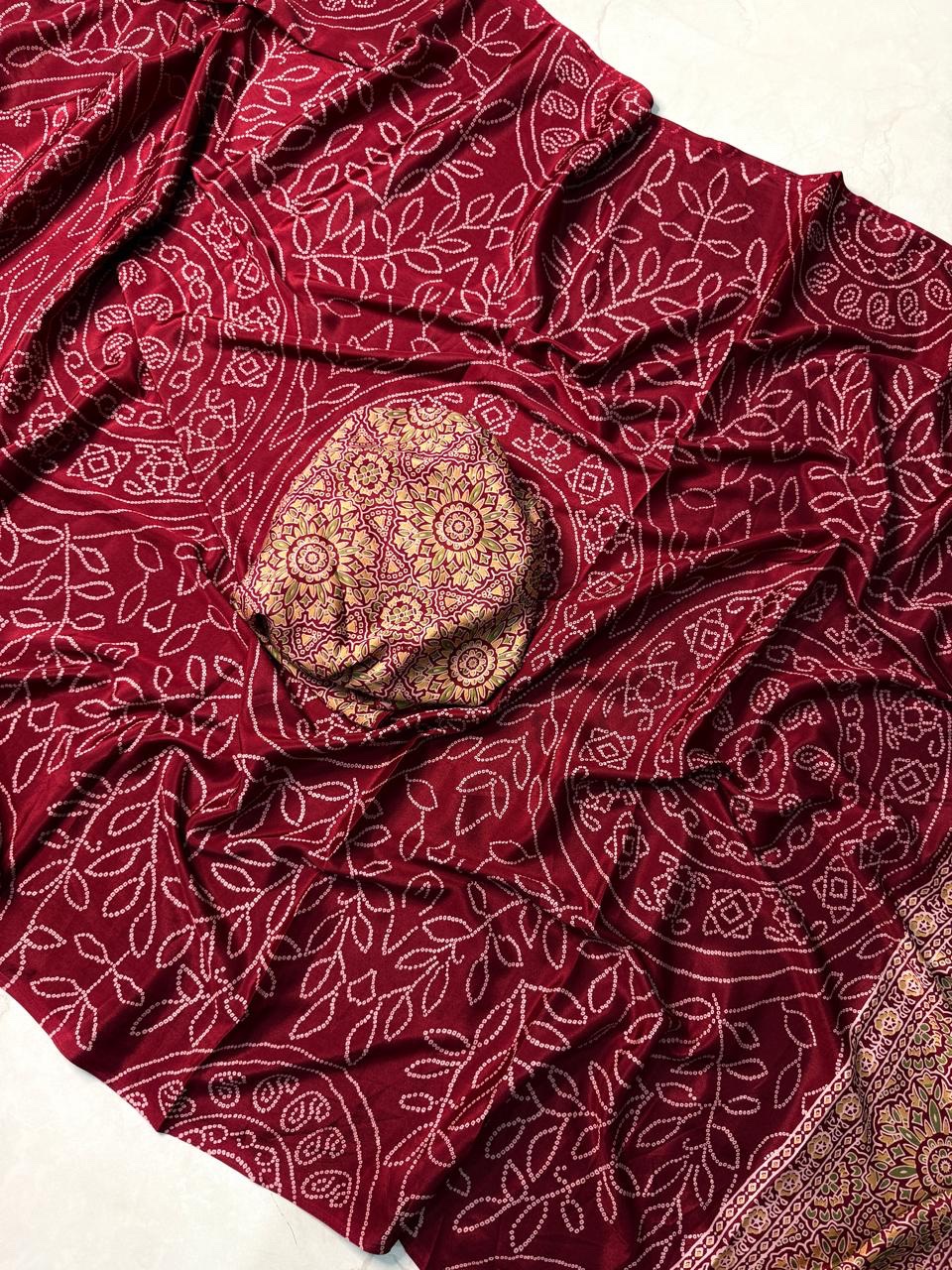 Ajrakh Print Crepe Silk Saree - Maroon