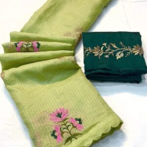 Kota Doria - Embroidery - Pista green