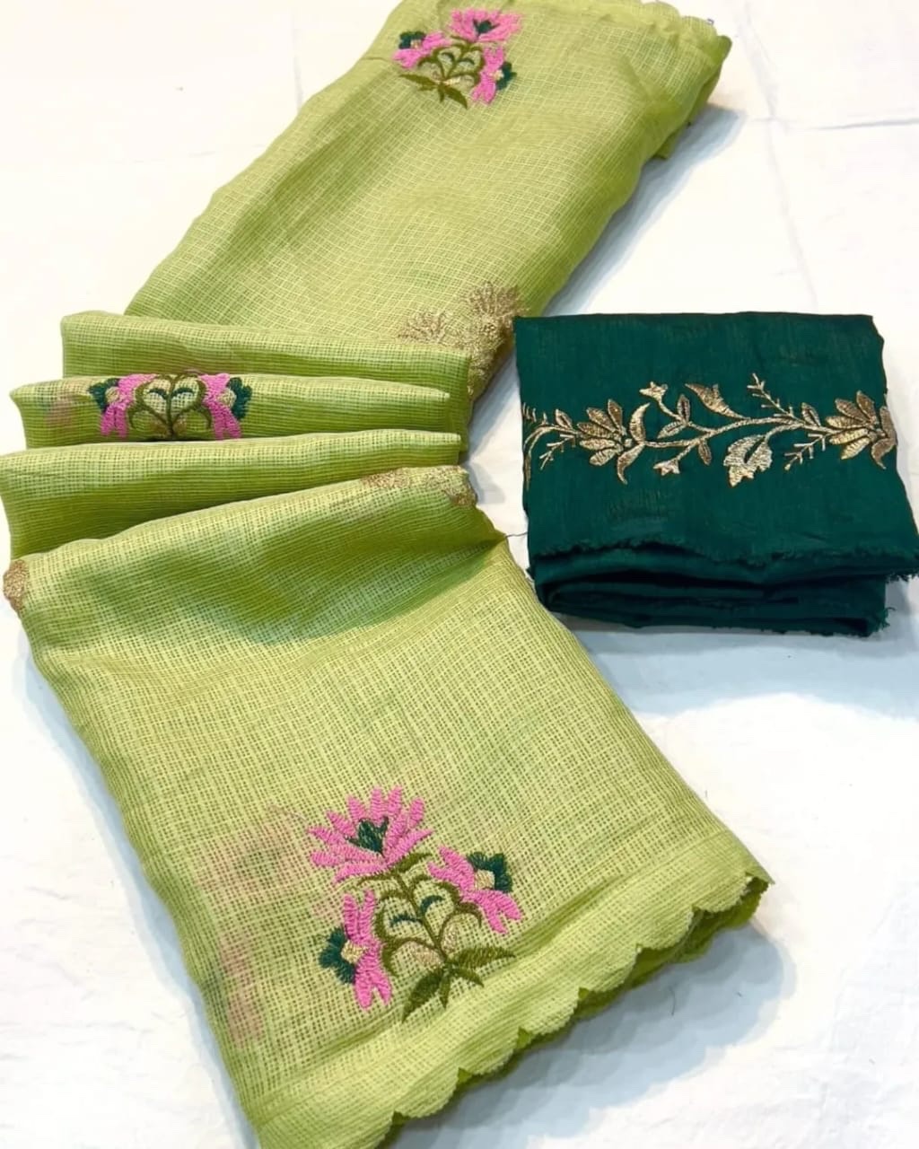 Kota Doria - Embroidery - Pista green