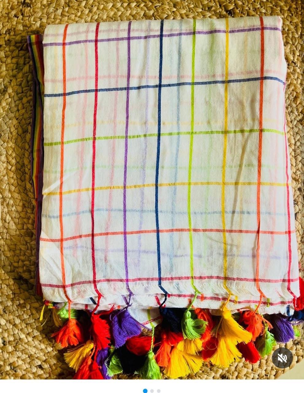 Rainbow Checks Mul Cotton Saree - Image 4