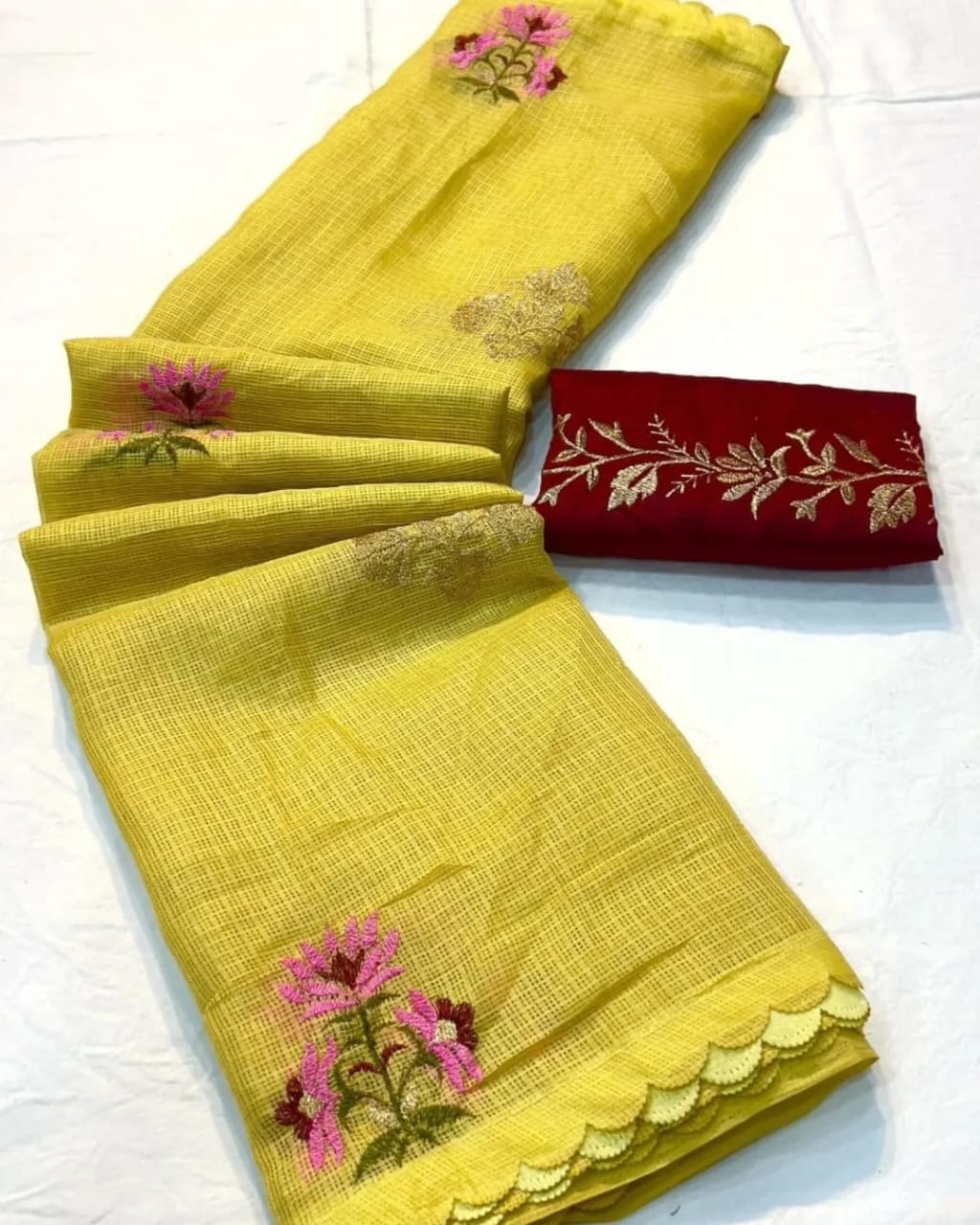 Kota doria - Embroidery - Mustard yellow