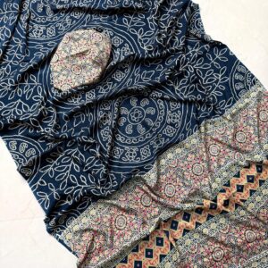 Ajrakh Print Crepe Silk Saree - Navy Blue