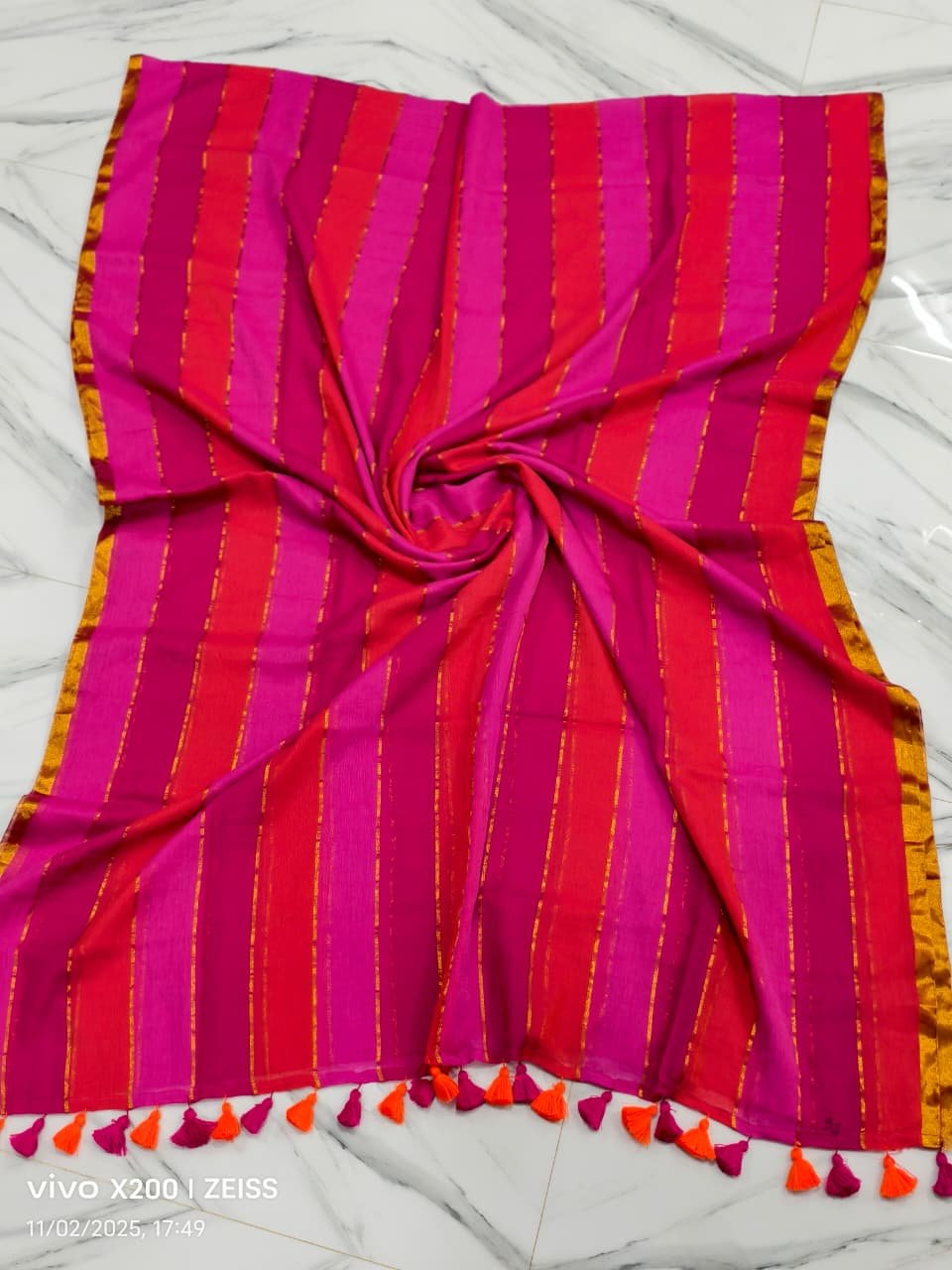 Orange Pink Stripes Mul Cotton Saree with Zari Line Weaving