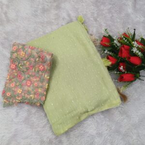 Organza Saree with Net Embroidery Blouse – Elegant & Lightweight Green