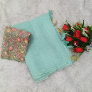 Organza Saree with Net Embroidery Blouse – Elegant & Lightweight Blue