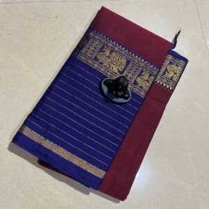 Narayanpeth Pure Mercerised Cotton Saree - Big border Maroon Blue stripe borders