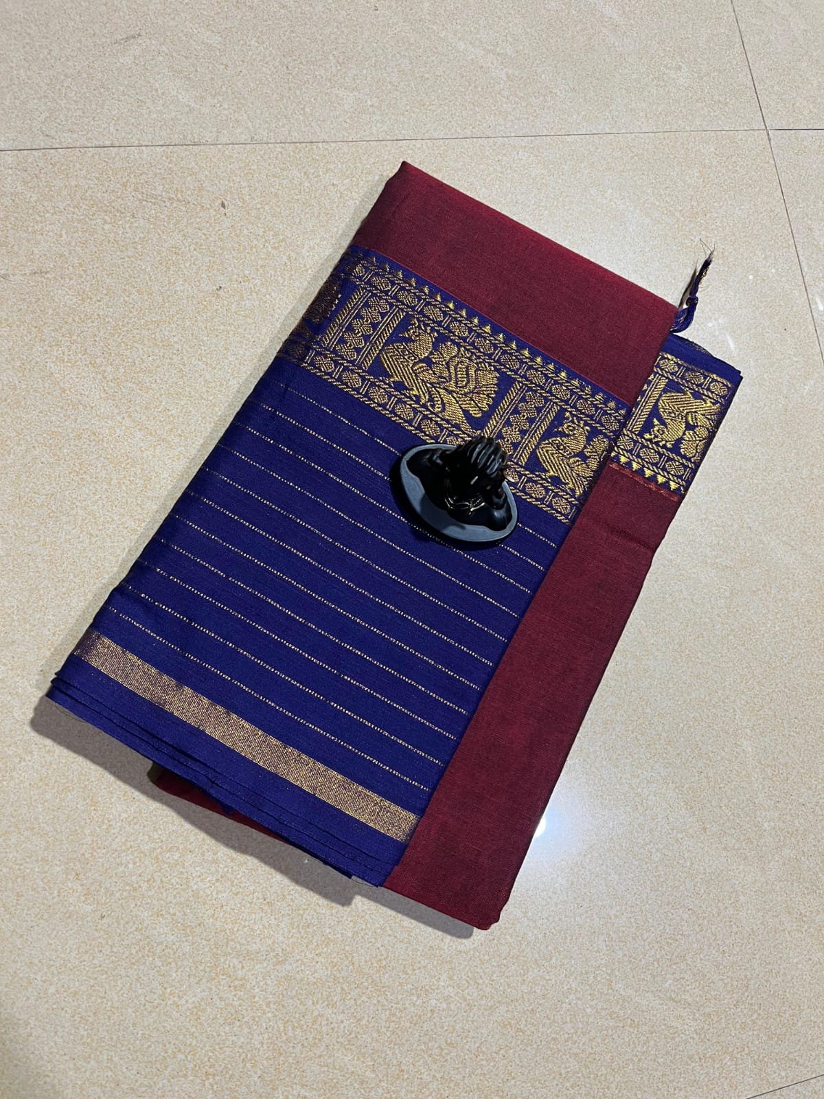 Narayanpeth Pure Mercerised Cotton Saree - Big border Maroon Blue stripe borders