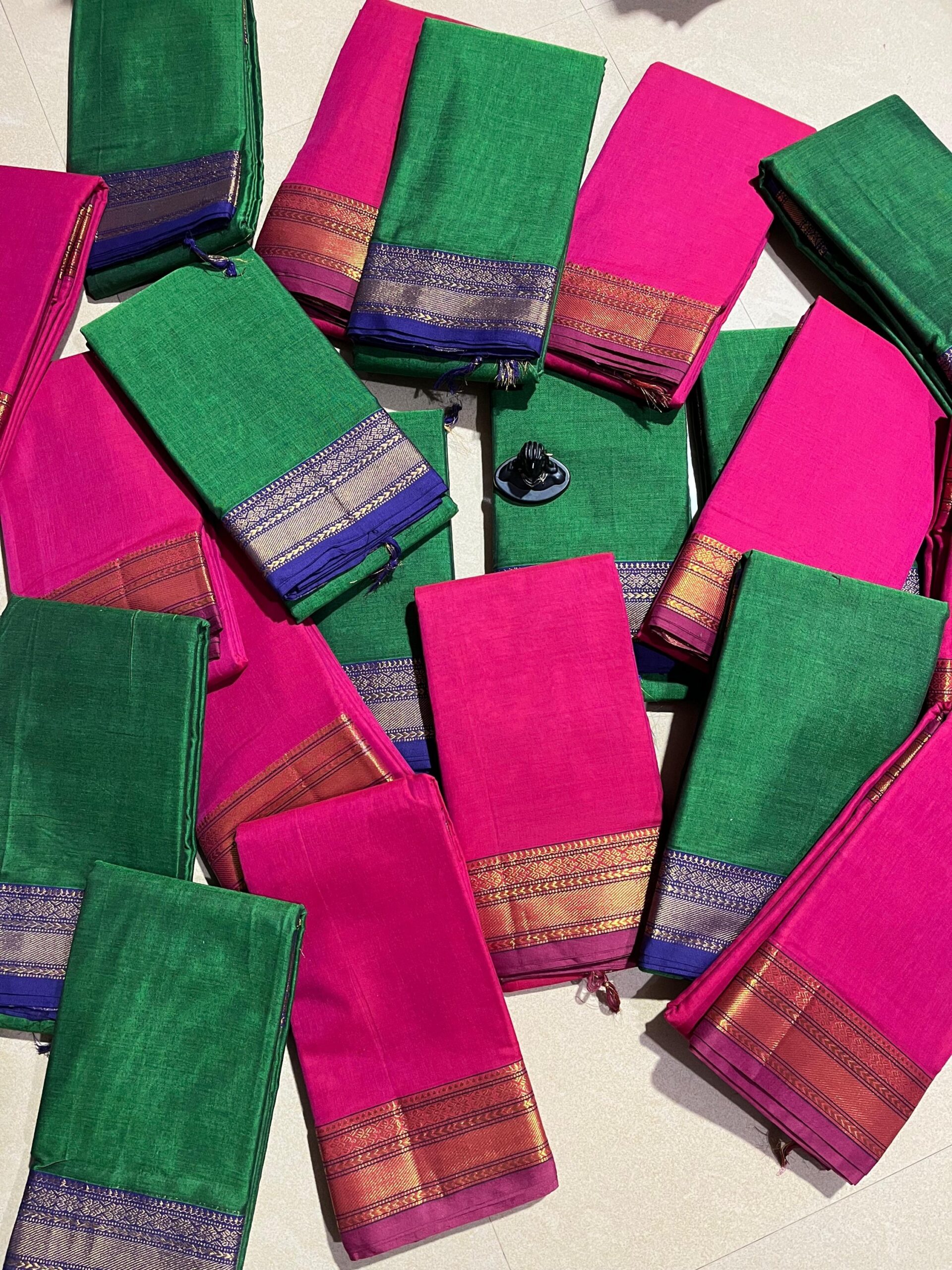 Narayanpeth Pure Mercerised Cotton Saree- Thin Border Green Blue - Image 2