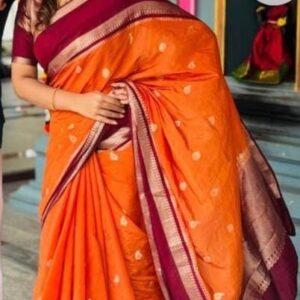 Orange Vintage Saree with Maroon Border & Traditional Buttas