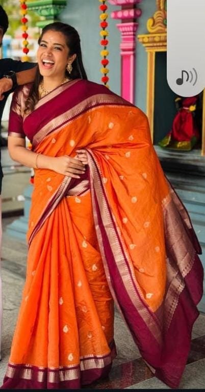 Orange Vintage Saree with Maroon Border & Traditional Buttas
