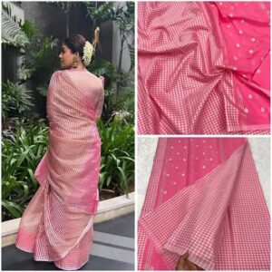 Nayanthara Mam–Inspired Pink Checks Semi Tussar Saree