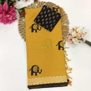 Mustard to Black South Mix Cotton Saree with Elephant Butta