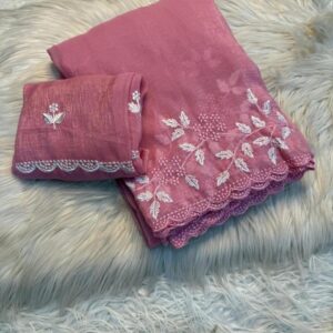 Elegant Pink Georgette Saree with White Embroidery