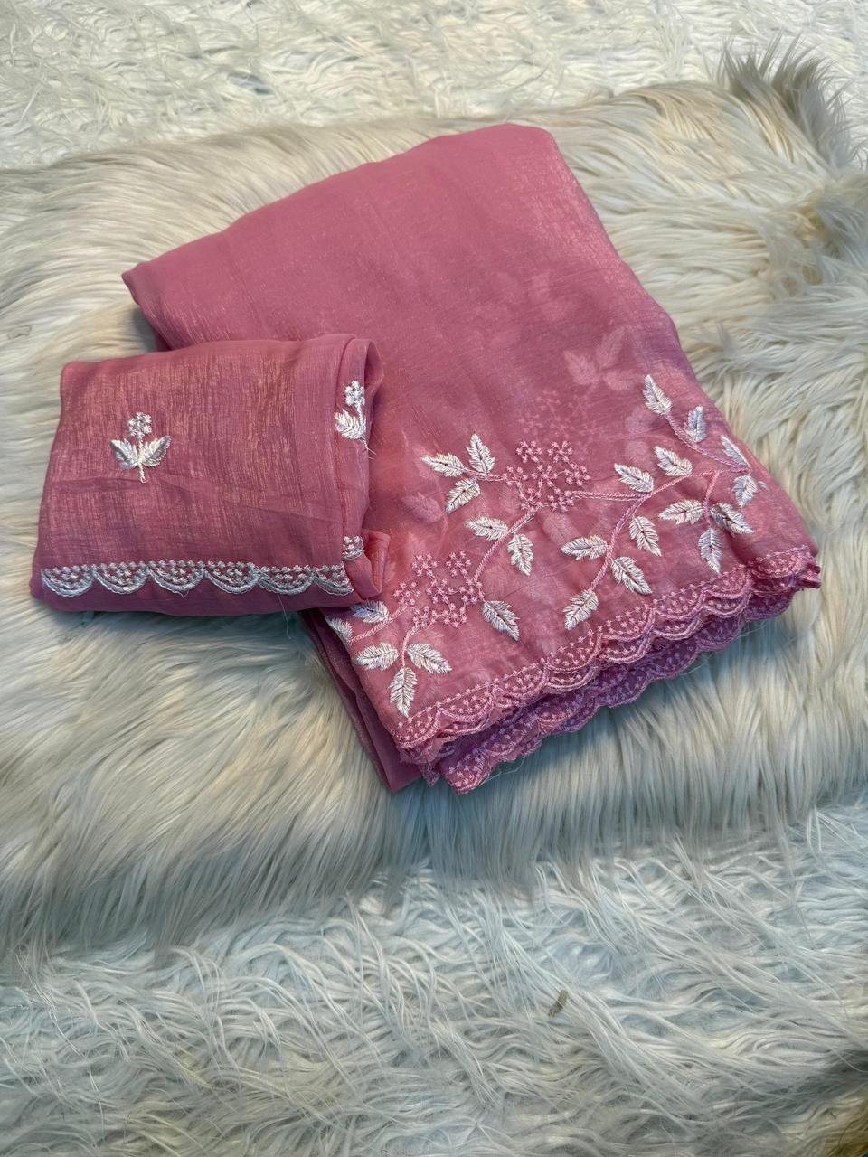 Elegant Pink Georgette Saree with White Embroidery