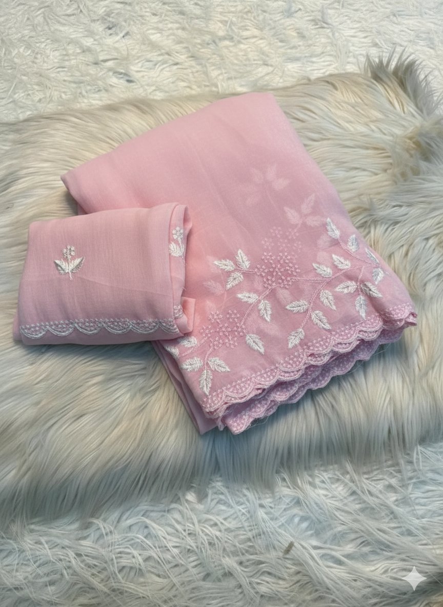 Blush & Peach Georgette Saree with White Embroidery