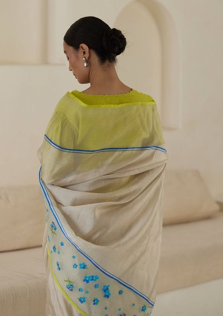 Lime & Bloom Embroidered Mulcotton Saree - Image 4