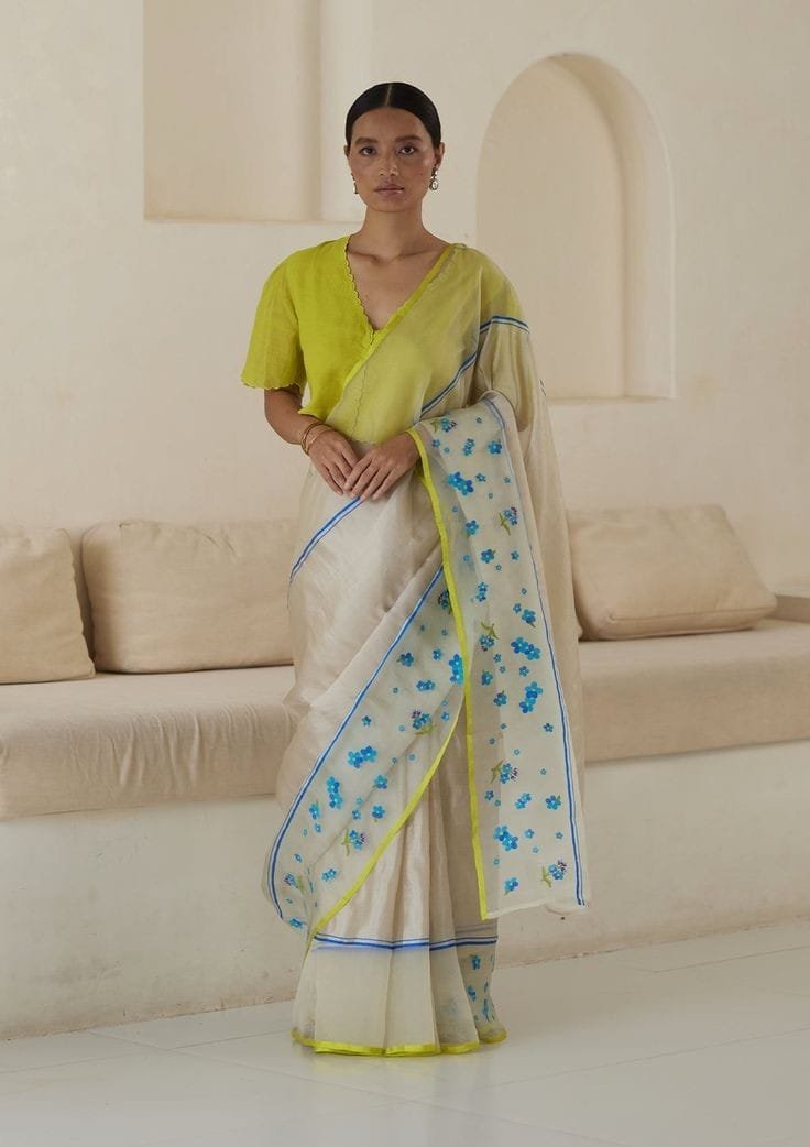 Lime & Bloom Embroidered Mulcotton Saree