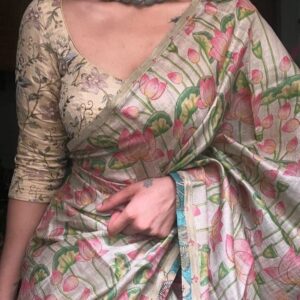 Hand-Block Printed Chanderi Cotton Saree – Beige penkalamkari