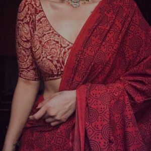 Hand-Block Printed Chanderi Cotton Saree - Red batik