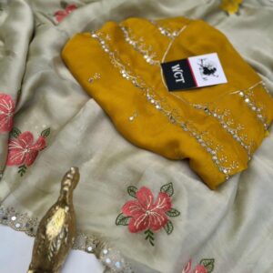 Regal Fendi Silk Saree – Goldish Beige with Mustard Mirror-Work