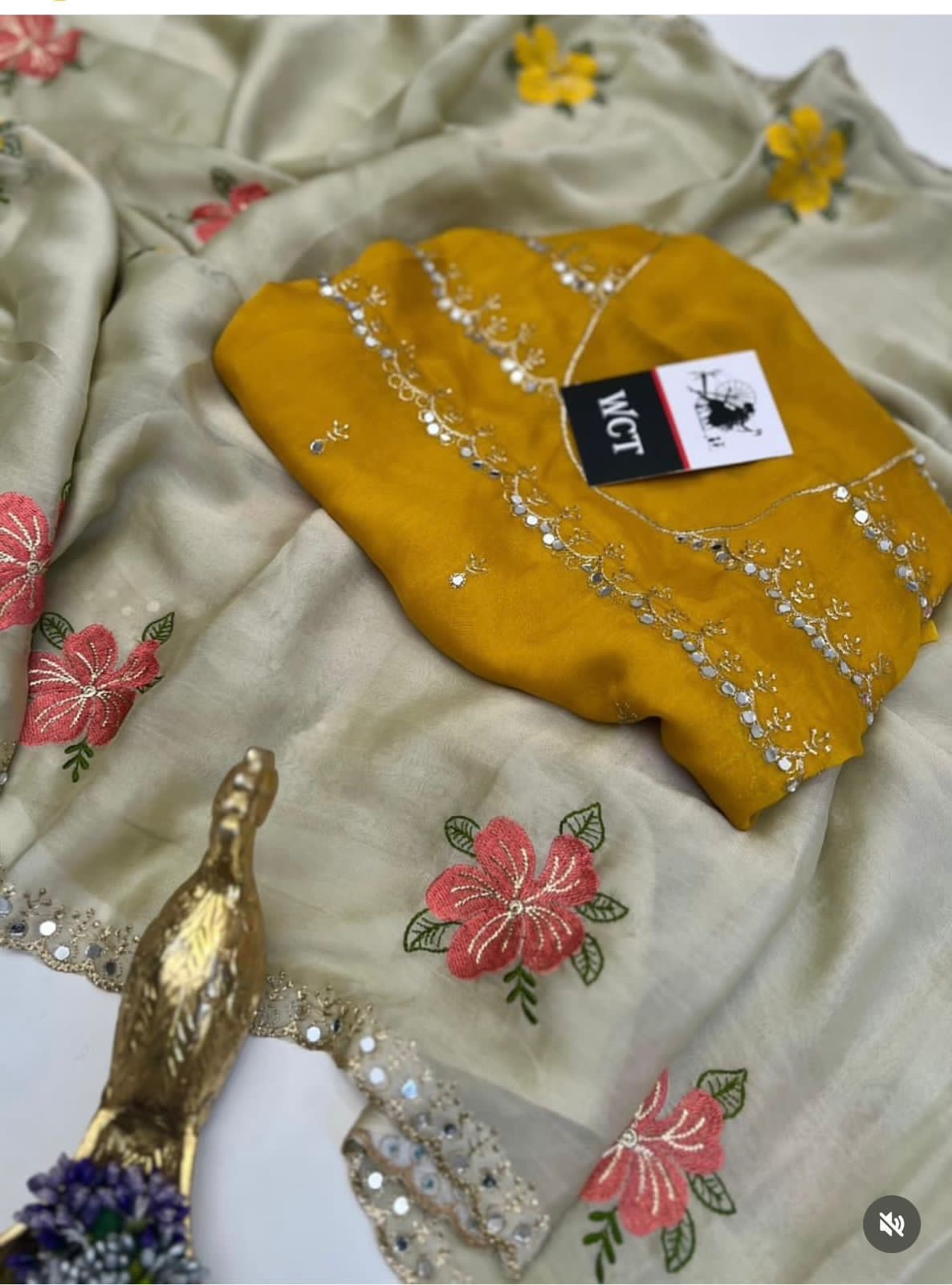 Regal Fendi Silk Saree – Goldish Beige with Mustard Mirror-Work