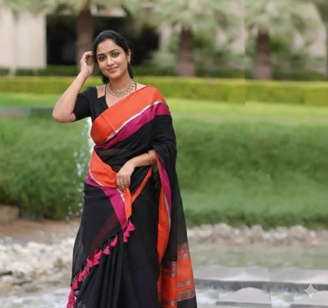 Ethereal Mul Cotton Saree – Midnight Onyx with Vibrant Accents